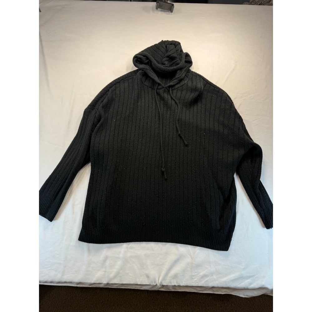 H&M Women Black Ribbed Knit Hoodie Sweater Oversized Drawstring Pullover Large